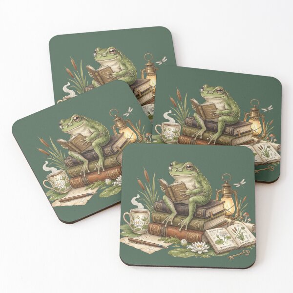 Item preview, Reading Frog on Vintage Books | Cozy Cottagecore Watercolor Library Illustration designed and sold by Whimwick.
