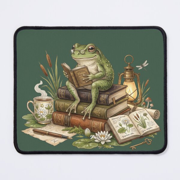 Item preview, Reading Frog on Vintage Books | Cozy Cottagecore Watercolor Library Illustration designed and sold by Whimwick.