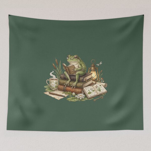 Item preview, Reading Frog on Vintage Books | Cozy Cottagecore Watercolor Library Illustration designed and sold by Whimwick.