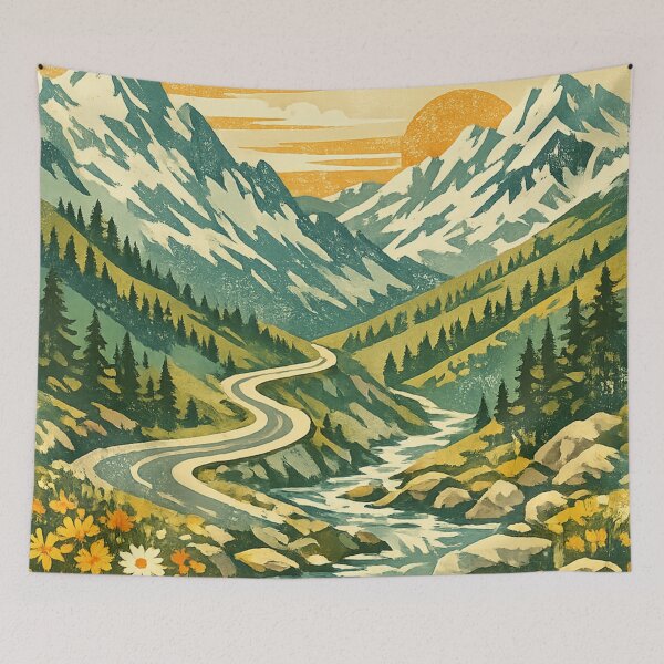 Item preview, Alpine Meadow Wildflowers: Mountain Valley Stream Sunrise Landscape Art designed and sold by irfanshikh.