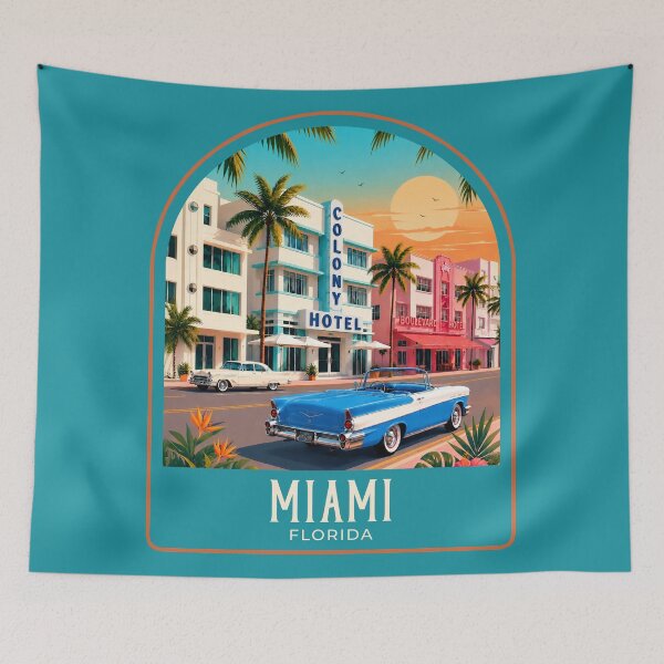 Item preview, Miami Vintage Travel Illustration designed and sold by HomeLivingCo.
