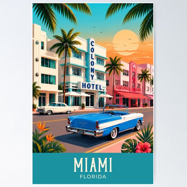 Item preview, Miami Vintage Travel Illustration designed and sold by HomeLivingCo.