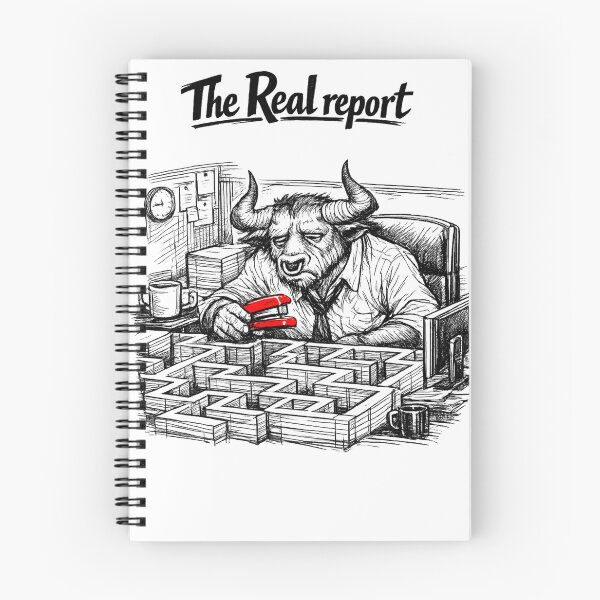 Item preview, The Real Report – Burnout Minotaur Office Art, Red Stapler Maze Illustration designed and sold by EdgeSphere.