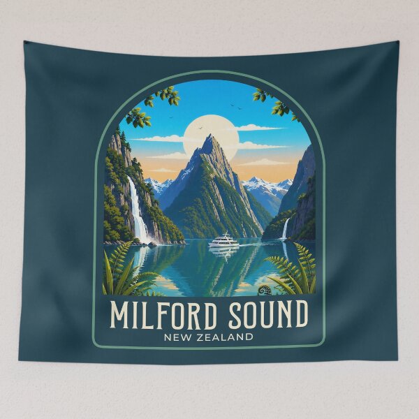 Item preview, Milford Sound Vintage Travel Illustration designed and sold by HomeLivingCo.