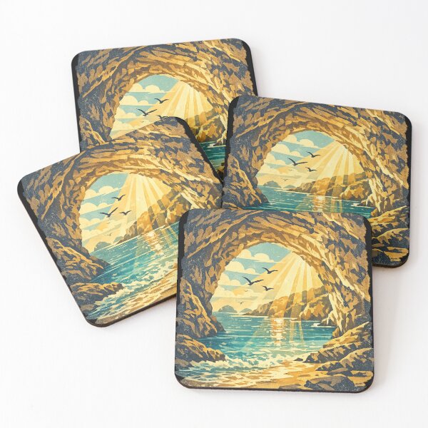 Item preview, Sea Cave Sunrise: Golden Cave Entrance Beach Seascape Ocean Vista Art designed and sold by irfanshikh.