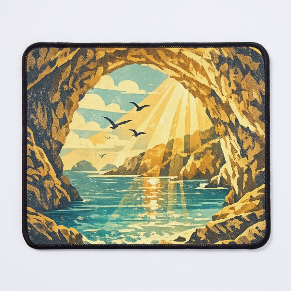 Item preview, Sea Cave Sunrise: Golden Cave Entrance Beach Seascape Ocean Vista Art designed and sold by irfanshikh.