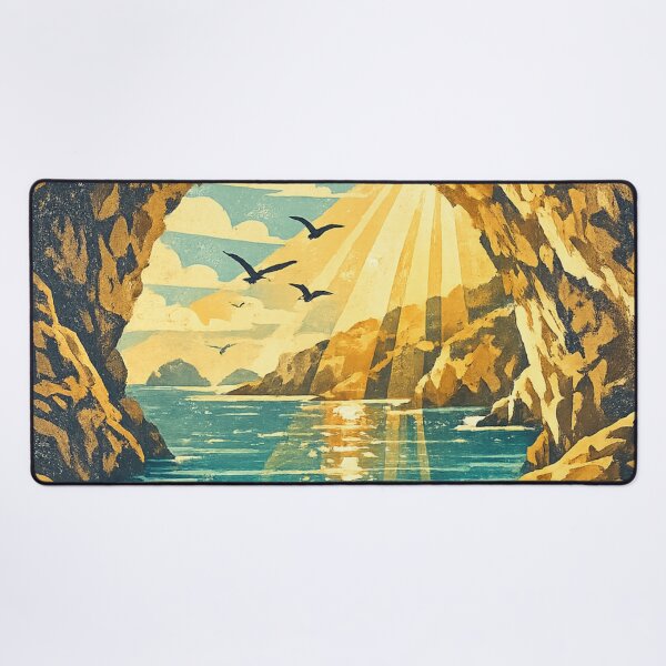 Item preview, Sea Cave Sunrise: Golden Cave Entrance Beach Seascape Ocean Vista Art designed and sold by irfanshikh.