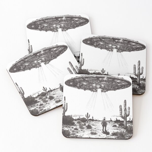 Item preview, Vintage UFO Western Etching Retro Sci-Fi Cowboy Sticker designed and sold by VectorForge.