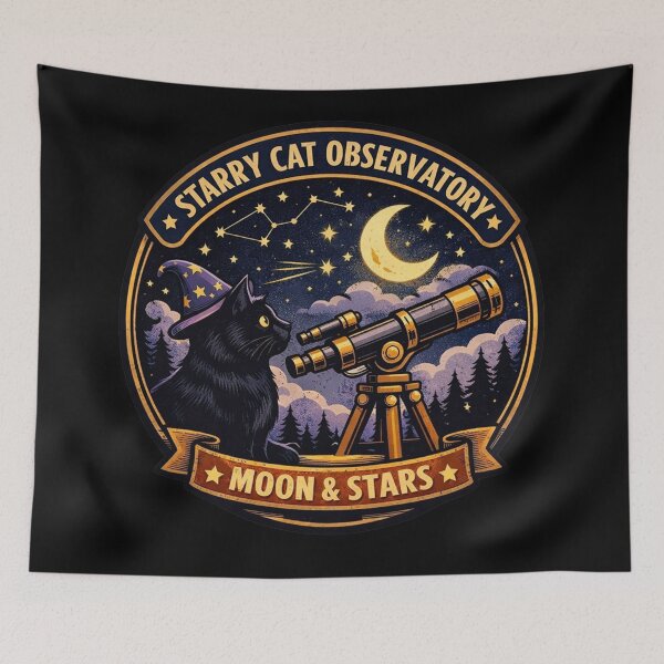 Item preview, Starry Cat Observatory – Moon & Stars Vintage Badge designed and sold by Timeless Junction.