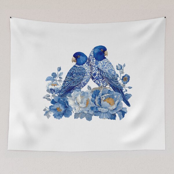 Item preview, Blue Chinoiserie Parrots with Floral Peonies designed and sold by NightSpell.