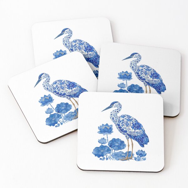 Item preview, Blue Chinoiserie Heron with Lotus Flowers designed and sold by NightSpell.