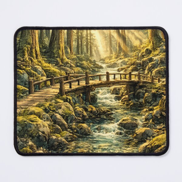 Item preview, Enchanted Forest Sunbeams: Old Growth Trees Wooden Bridge Stream Path designed and sold by irfanshikh.