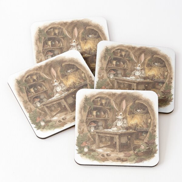 Item preview, Rabbit Folk Kneading Bread in a Burrow Kitchen Storybook Art designed and sold by PictorialWhimsy.