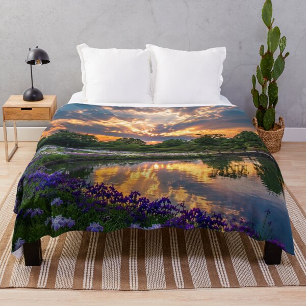 Item preview, Sunlit Iris Garden by a Reflective Pond – Dramatic Sunset Landscape designed and sold by Wild Bloom Paws.