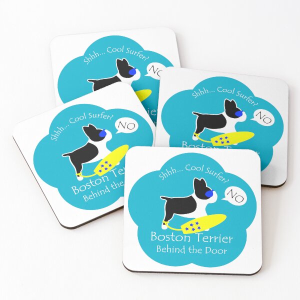 Item preview, Funny Boston Terrier Cool Surfer Behind the Door Blue Base designed and sold by Na7nasColorShop.