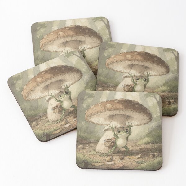 Item preview, Frog Mushroom Forager Under One Giant Cap Cottagecore Art designed and sold by PictorialWhimsy.