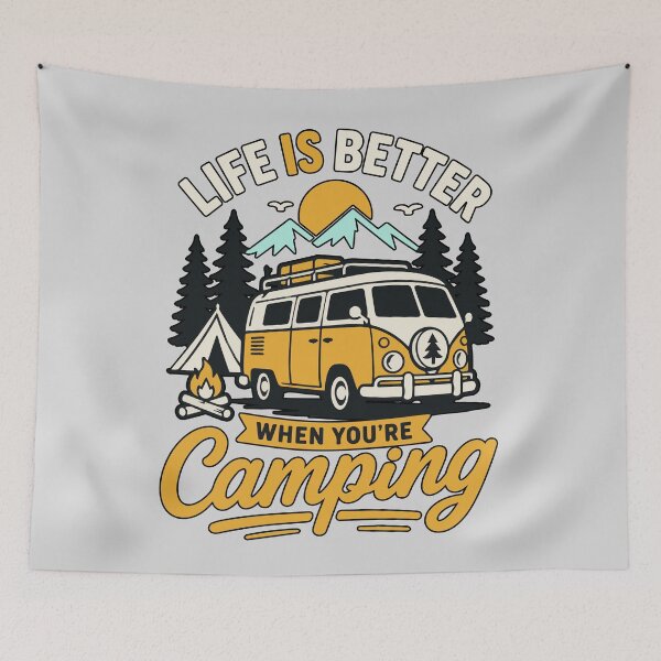 Item preview, Life Is Better When You're Camping with a Vintage Camper Van, Mountain Sunrise, Pine Forest Adventure and Outdoor Travel Spirit designed and sold by Huddy-clothes.