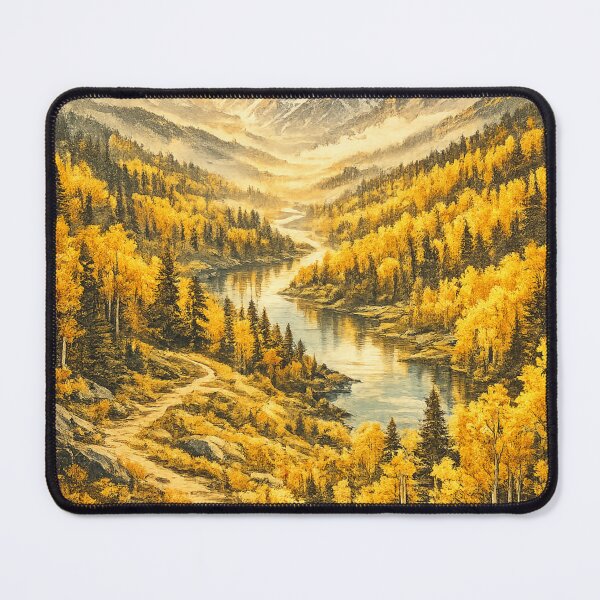 Item preview, Autumn Mountain Valley: Golden Larch Trees River Snow Peaks Landscape designed and sold by irfanshikh.