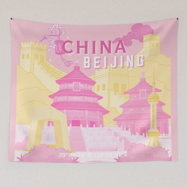 Item preview, Beijing China Travel Poster | Pink & Butter Yellow Pastel Illustration Wall Art designed and sold by Magic Love Art Print.