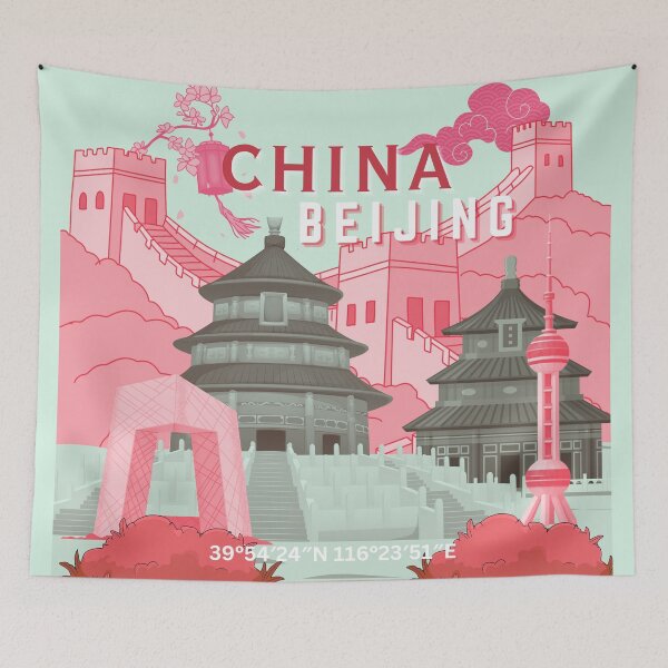 Item preview, Beijing China Travel Poster | Mint Green & Pink Coral Illustration Wall Art designed and sold by Magic Love Art Print.