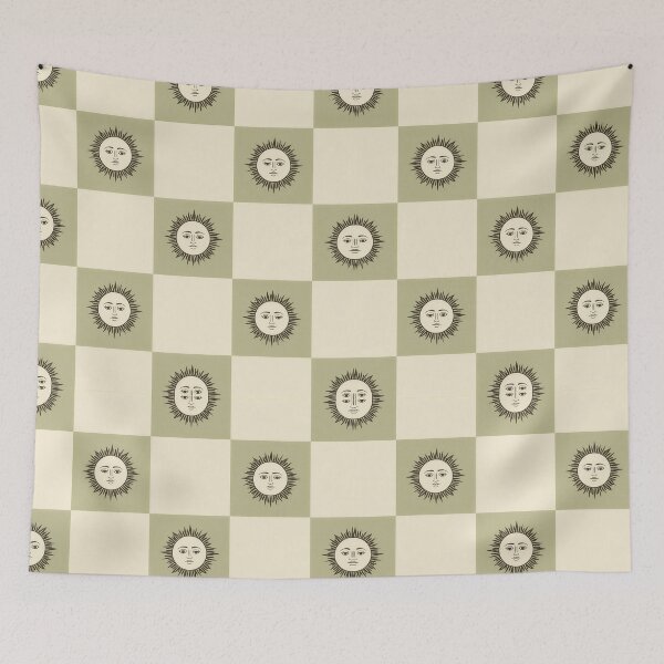 Item preview, Vintage Sun Face Checkerboard — Retro Celestial Sage Green Pattern designed and sold by Lily-and-Lyle.