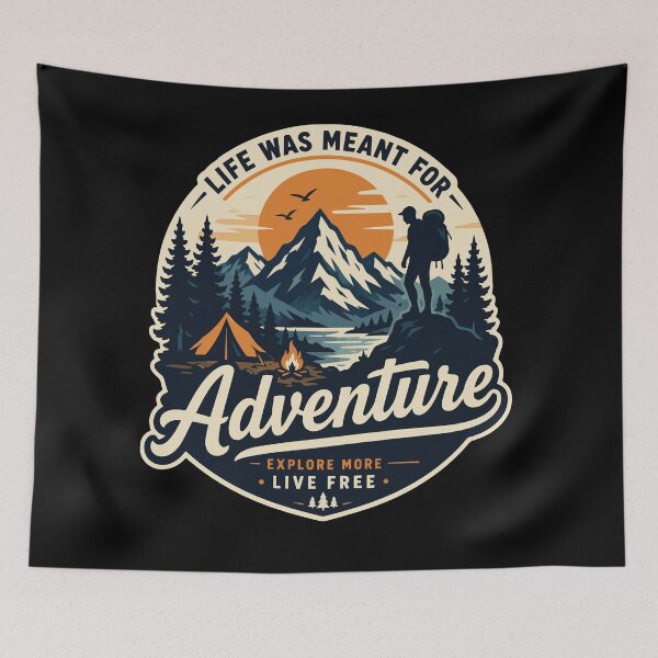 Item preview, Life Was Meant for Adventure Vintage Mountain Hiking Landscape with Camper Tent, Campfire and Wilderness Explorer Artwork designed and sold by Huddy-clothes.