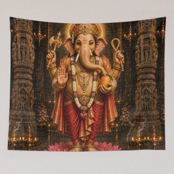 Aperçu de l'œuvre Collection des 32 formes sacrées du Seigneur Ganesha. Vijaya Ganapati – Le Seigneur victorieux du succès divin | Art mural dévotionnel hindou de qualité muséale créée et vendue par Homyar.