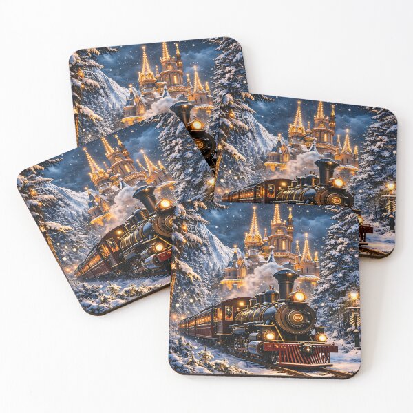 Item preview, Christmas Steam Train and Castle – Magical Winter Holiday Railway Print designed and sold by Kaleidoscope Print.
