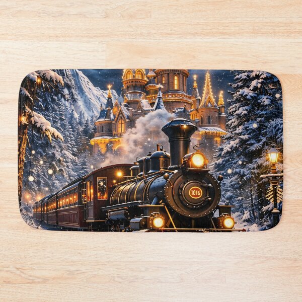Item preview, Christmas Steam Train and Castle – Magical Winter Holiday Railway Print designed and sold by Kaleidoscope Print.