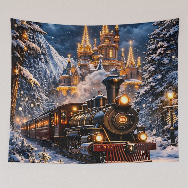 Item preview, Christmas Steam Train and Castle – Magical Winter Holiday Railway Print designed and sold by Kaleidoscope Print.