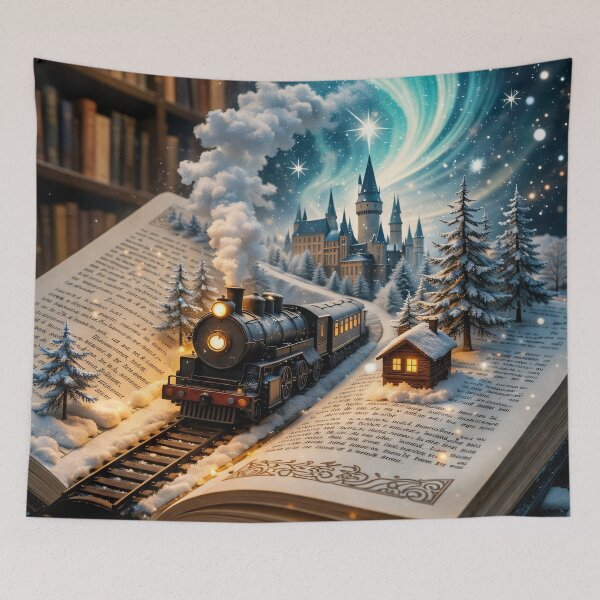 Item preview, Magical Storybook Train Journey – Winter Castle Fantasy Book Print designed and sold by Kaleidoscope Print.