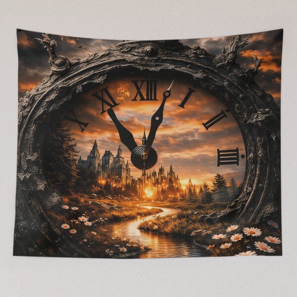 Item preview, Fantasy Clock Portal at Sunset – Gothic Time Travel Castle Print designed and sold by Kaleidoscope Print.