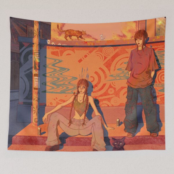 Item preview, Street-art, graffiti, two girls and cats at the sunset designed and sold by Witseart.