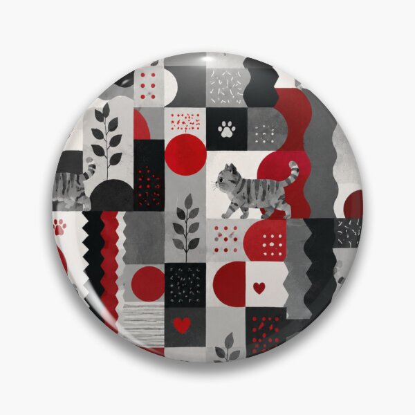 Item preview, Gray Tabby Cat Modern Geometric Pattern Red Black White designed and sold by Mindworx21.