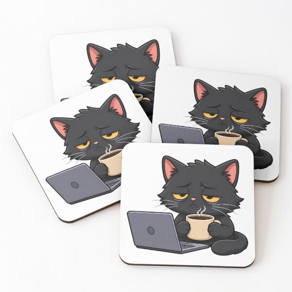 Item preview, Tired Corporate Black Cat with Coffee and Laptop designed and sold by pranshuvibes.