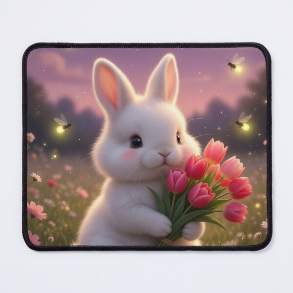 Item preview, Cute Bunny Holding Pink Tulips in Magical Night Meadow designed and sold by lovelistivkaa.