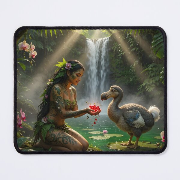 Item preview, Enchanted Jungle Girl Feeding Dodo Bird | Fantasy Tropical Paradise designed and sold by DreamyWallVibes.