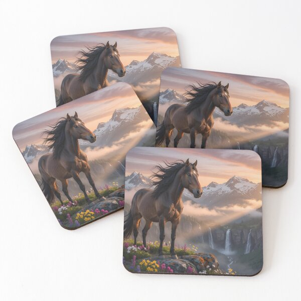 Item preview, Majestic Brown Horse at Sunset Mountains | Epic Fantasy Landscape designed and sold by DreamyWallVibes.