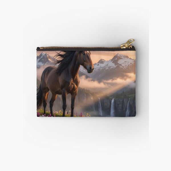 Item preview, Majestic Brown Horse at Sunset Mountains | Epic Fantasy Landscape designed and sold by DreamyWallVibes.
