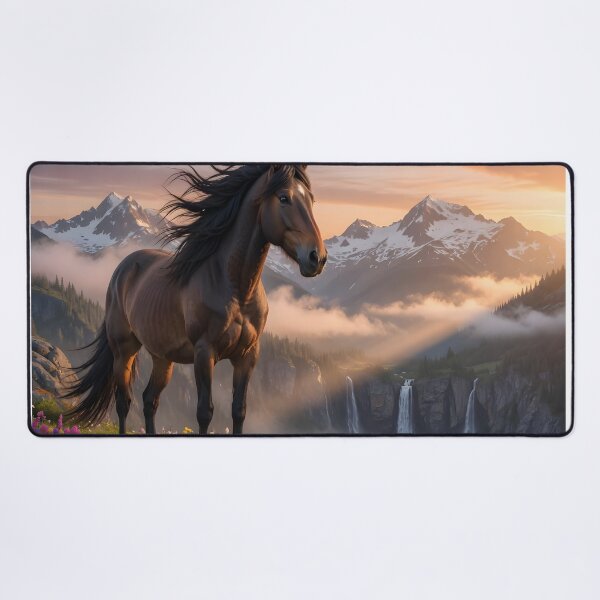 Item preview, Majestic Brown Horse at Sunset Mountains | Epic Fantasy Landscape designed and sold by DreamyWallVibes.
