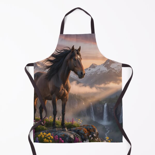 Item preview, Majestic Brown Horse at Sunset Mountains | Epic Fantasy Landscape designed and sold by DreamyWallVibes.