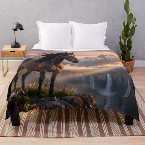 Item preview, Majestic Brown Horse at Sunset Mountains | Epic Fantasy Landscape designed and sold by DreamyWallVibes.