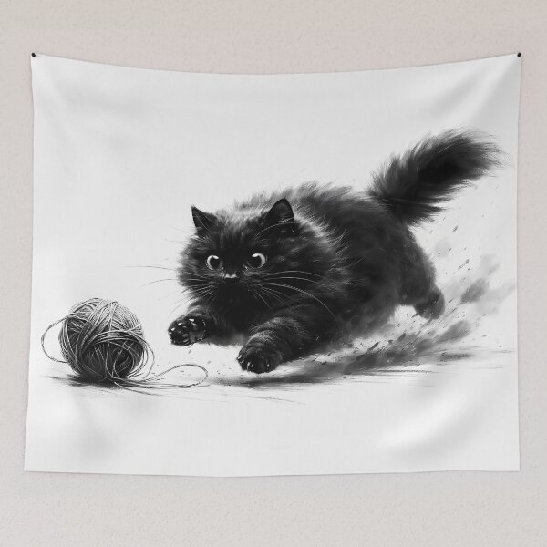Item preview, Playful Black Cat Chasing Yarn designed and sold by cuprum.