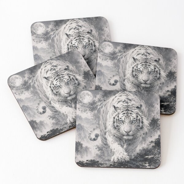 Item preview, Majestic White Tiger Under the Moon | Chinese Ink Painting Fantasy Art designed and sold by ManJiangHong.