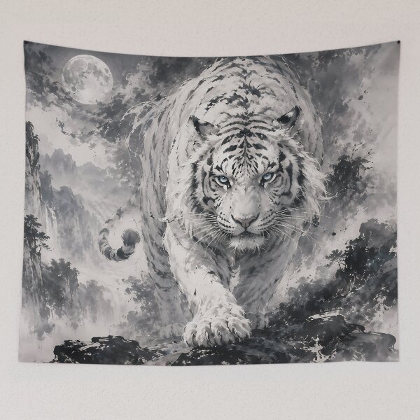Item preview, Majestic White Tiger Under the Moon | Chinese Ink Painting Fantasy Art designed and sold by ManJiangHong.