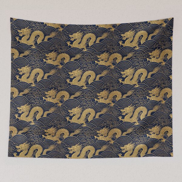 Item preview, Gilded Dragon and Seigaiha Waves Silk Brocade Pattern designed and sold by ArtfulAlchemy1.