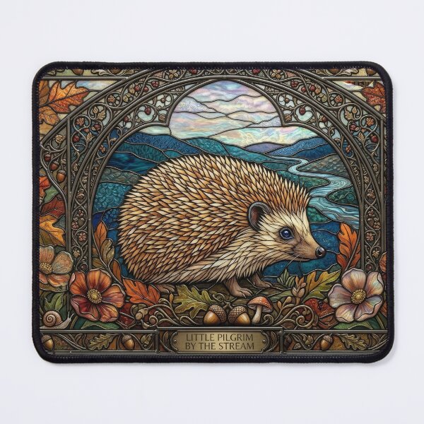 Item preview, Little Pilgrim by the Stream Stained Glass Hedgehog Art designed and sold by pinkal.