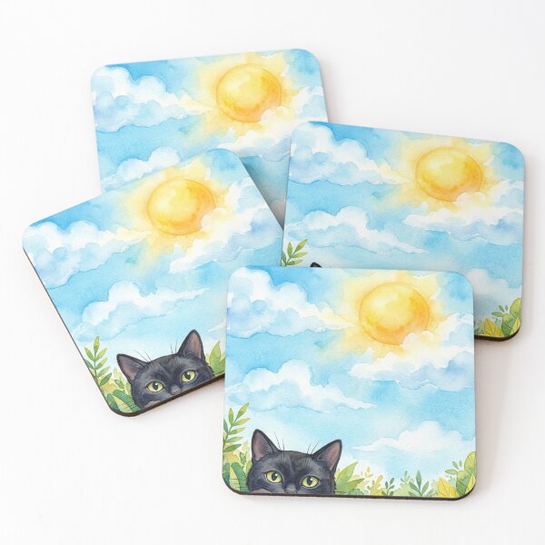 Item preview, Watercolor Black Cat Peeking From Green Foliage with Sunny Sky designed and sold by VibranPalette.
