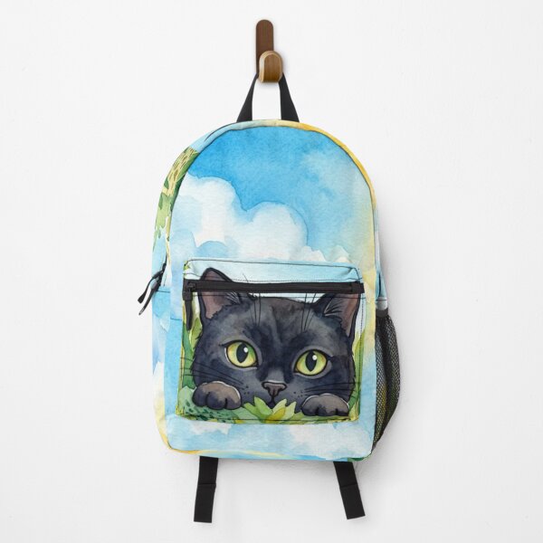 Item preview, Watercolor Black Cat Peeking From Green Foliage with Sunny Sky designed and sold by VibranPalette.