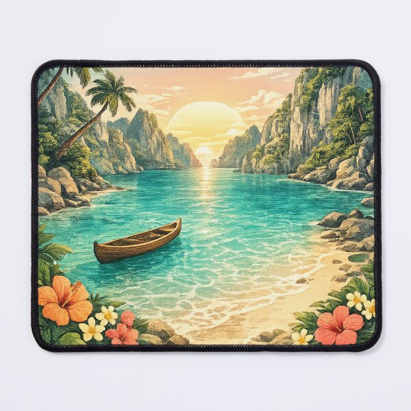 Item preview, Tropical Island Paradise: Turquoise Lagoon Wooden Boat Beach Sunset designed and sold by irfanshikh.